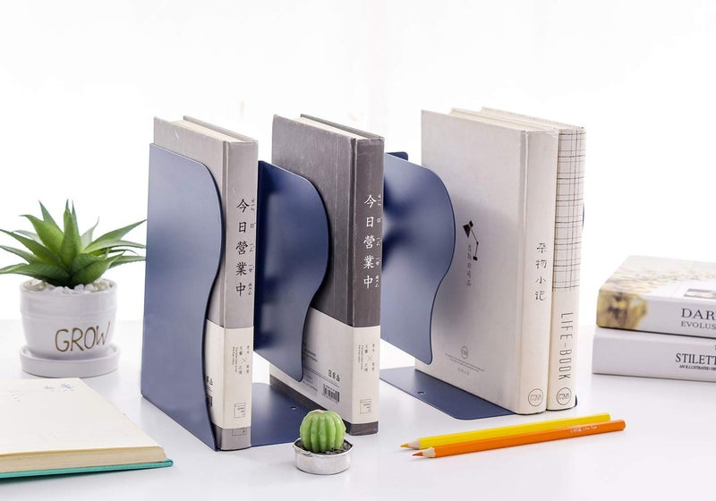 JIARI Book Ends, Blue Decorative Metal Iron Bookends Holder Stand Desk Nonskid Adjustable Bookend (Blue) - Image 4